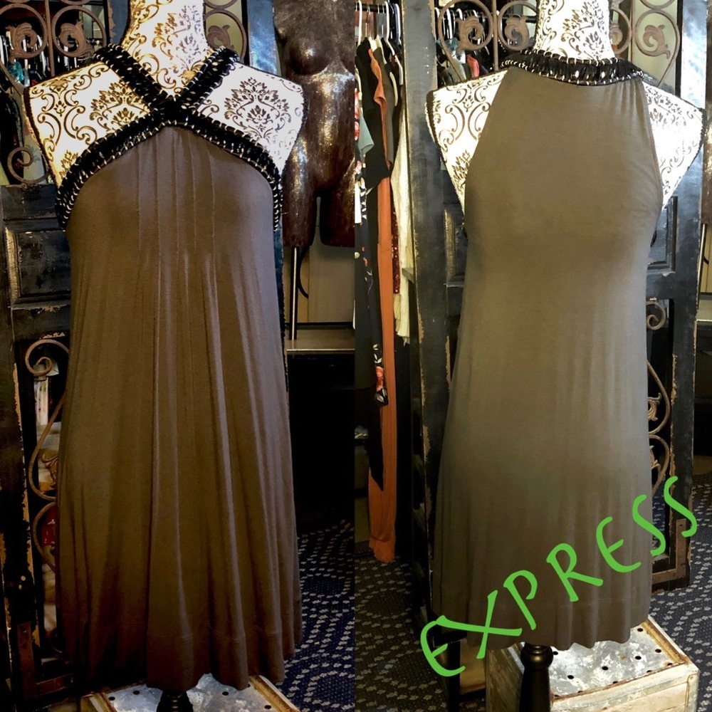 EXPRESS Gray Silky Knit Sleeveless Halter Babydoll Cocktail Party Dress~Beads~M